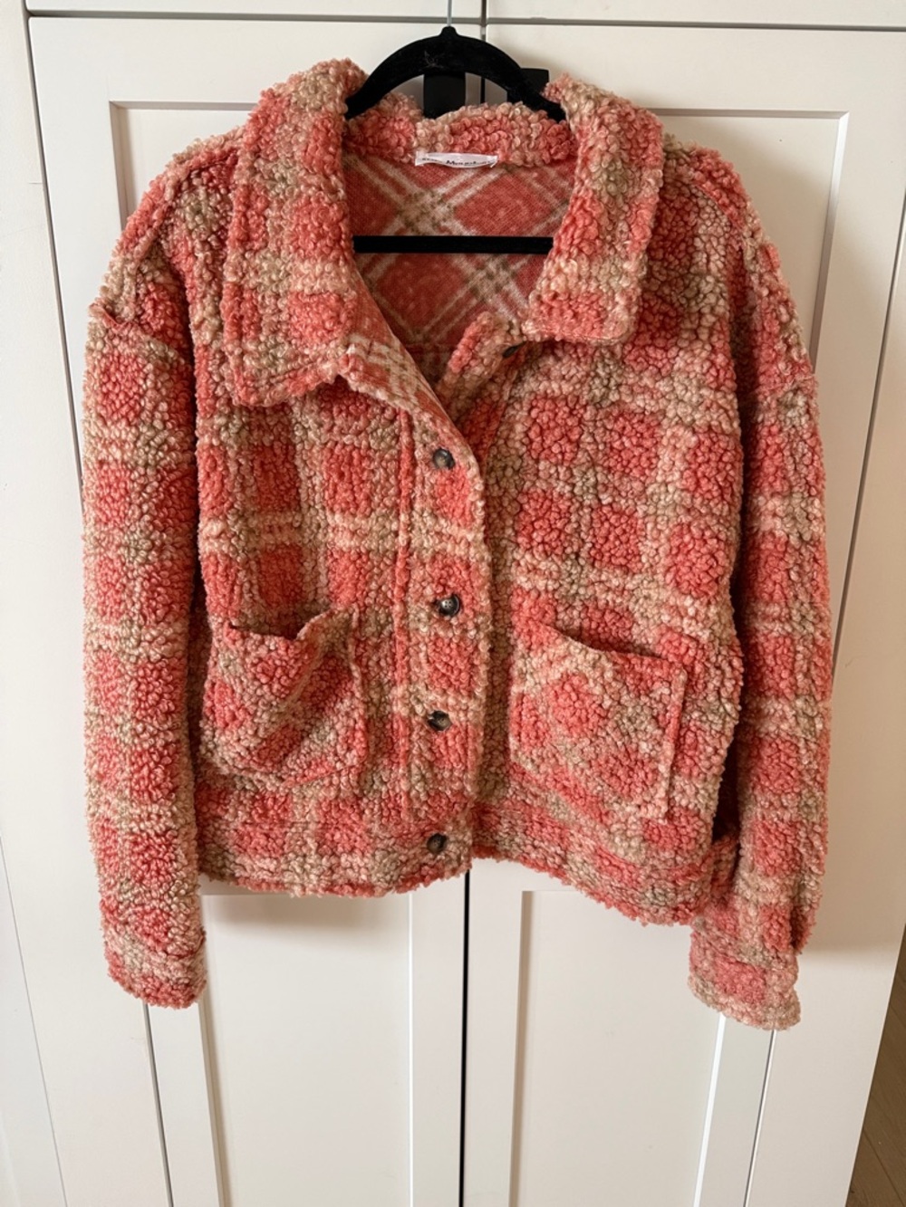 Plaid Sherpa Teddy Jacket in Coral Cream